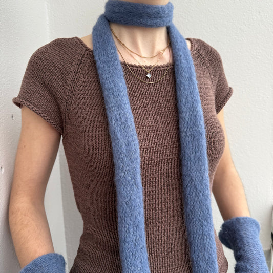 Handmade knitted mohair skinny scarf in denim blue