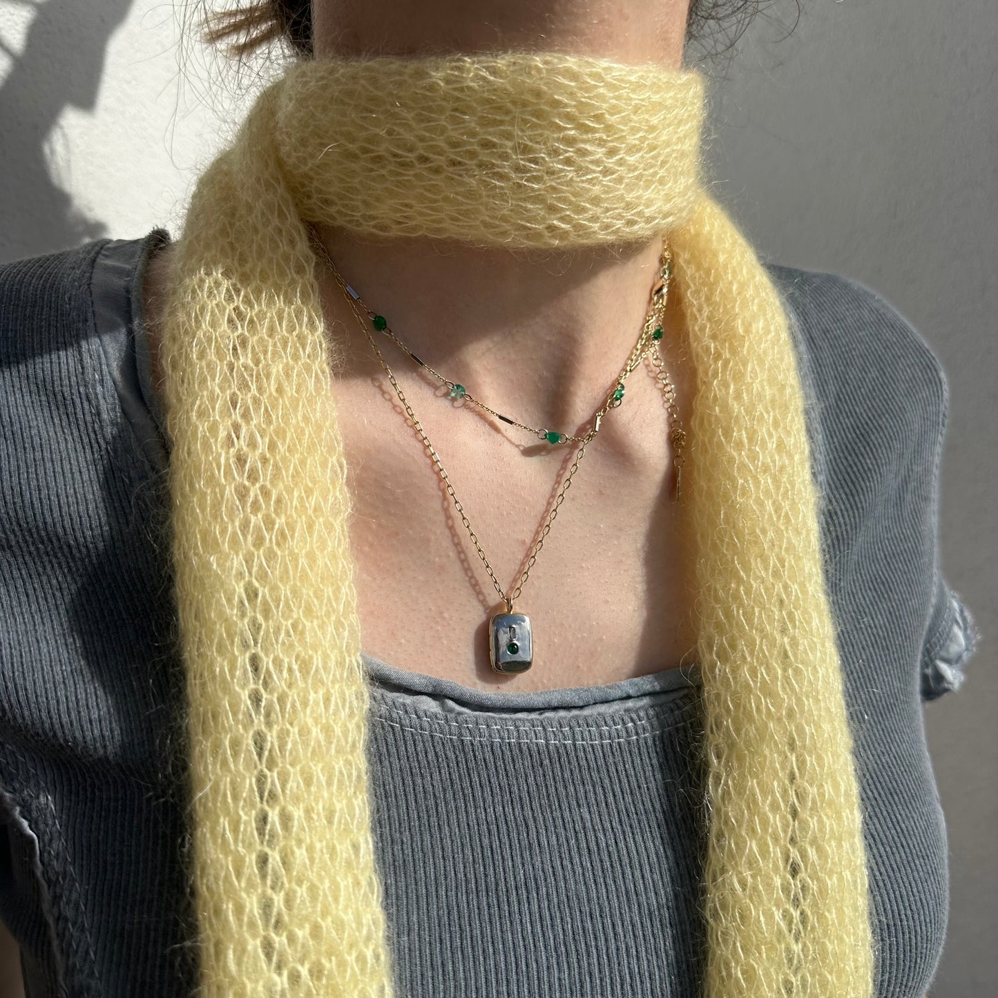 Handmade knitted mohair skinny scarf in light yellow