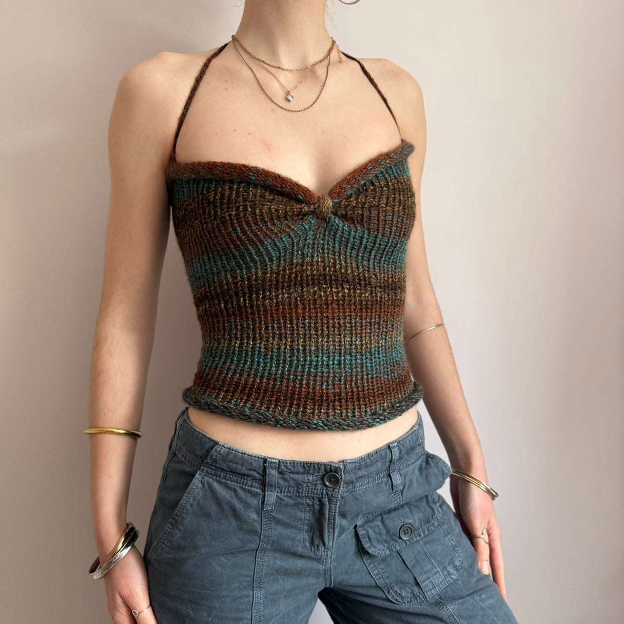 Handmade brown and blue ruched bust ombré knitted halter top
