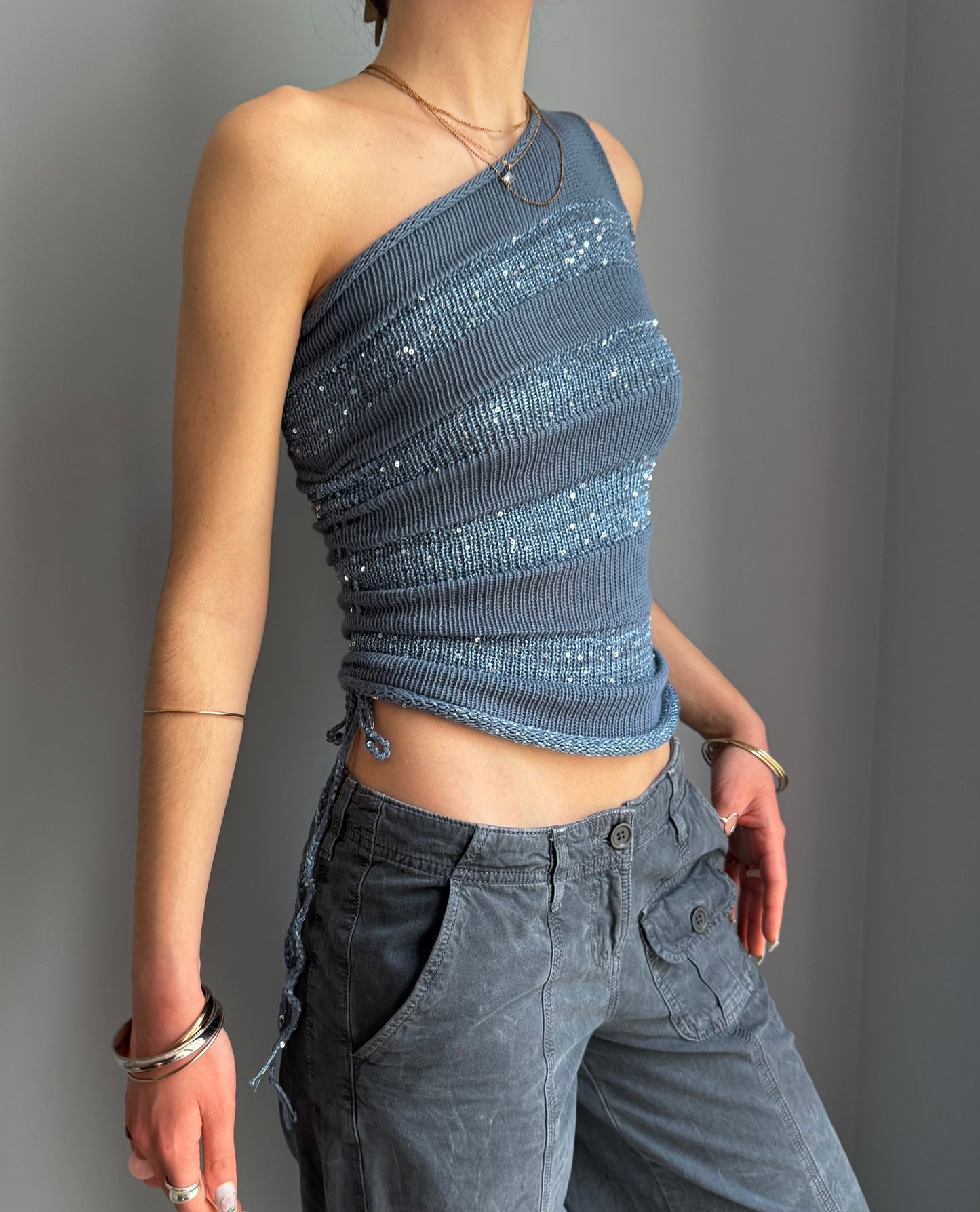 Handmade sparkly draped one shoulder knit top in denim blue - cotton