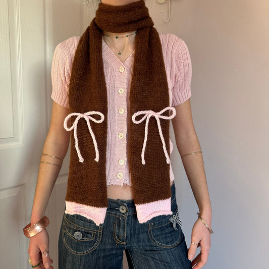 Handmade knitted brown and baby pink mohair bow scarf