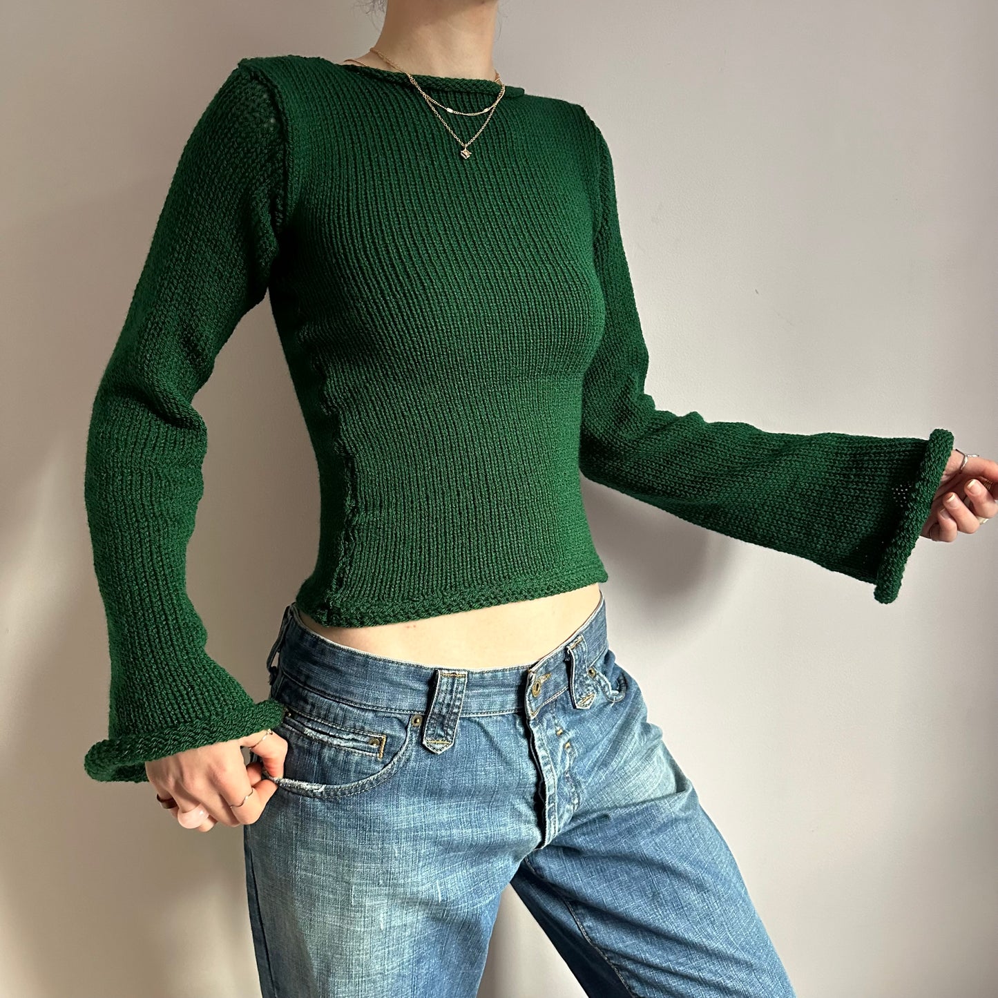 Handmade bottle green bell sleeve knitted jumper