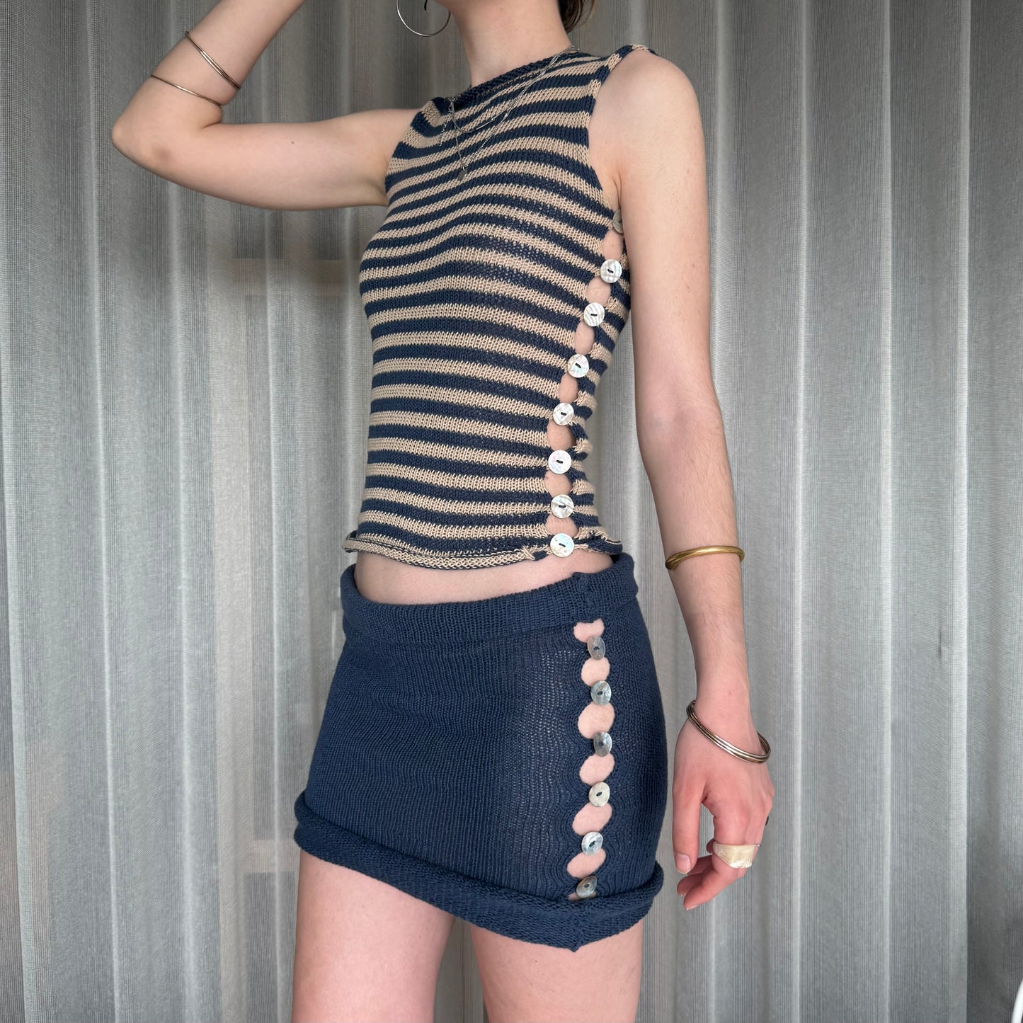 Handmade knitted Pearl Vest - navy blue and beige striped