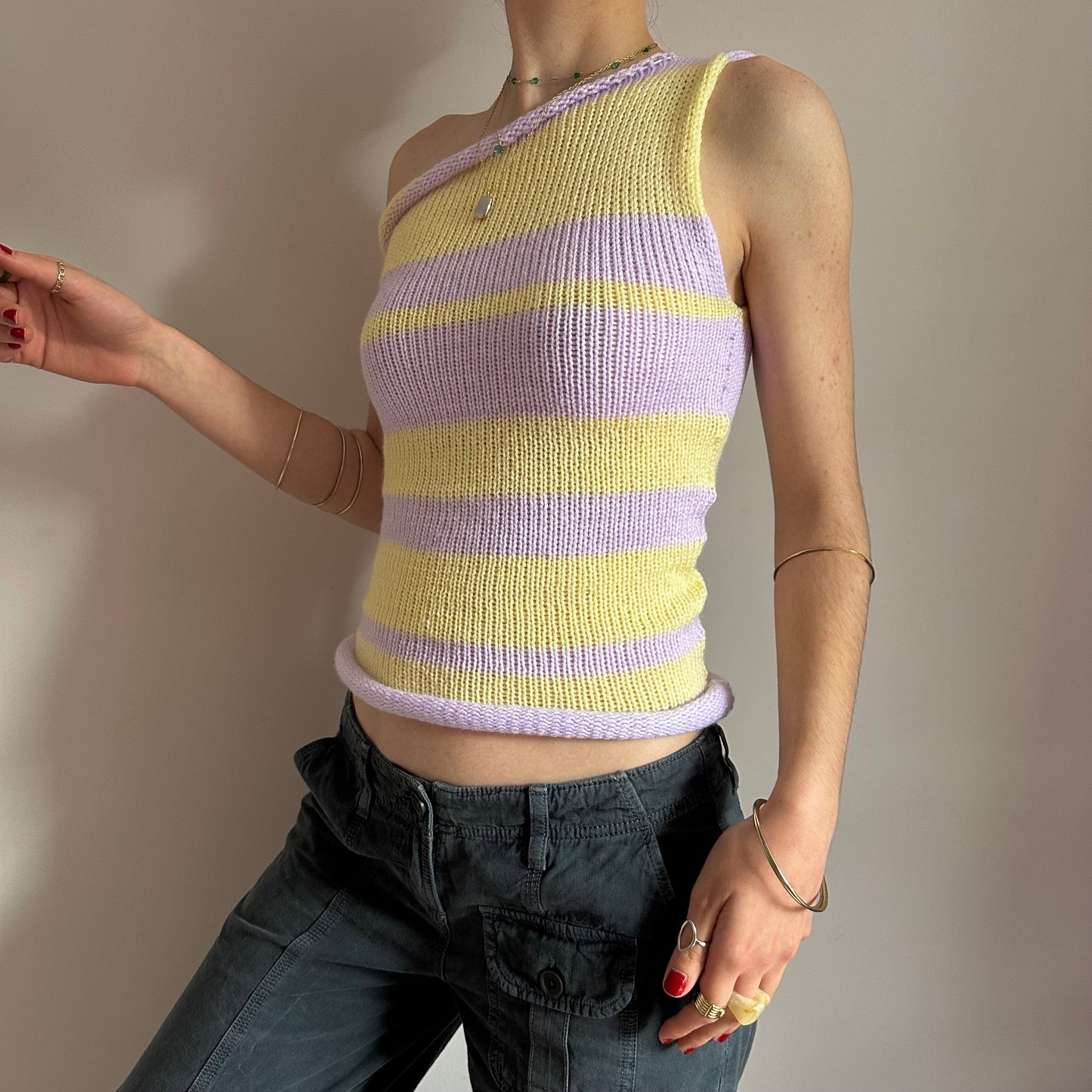 Handmade knitted striped one shoulder top in pastel yellow and lilac