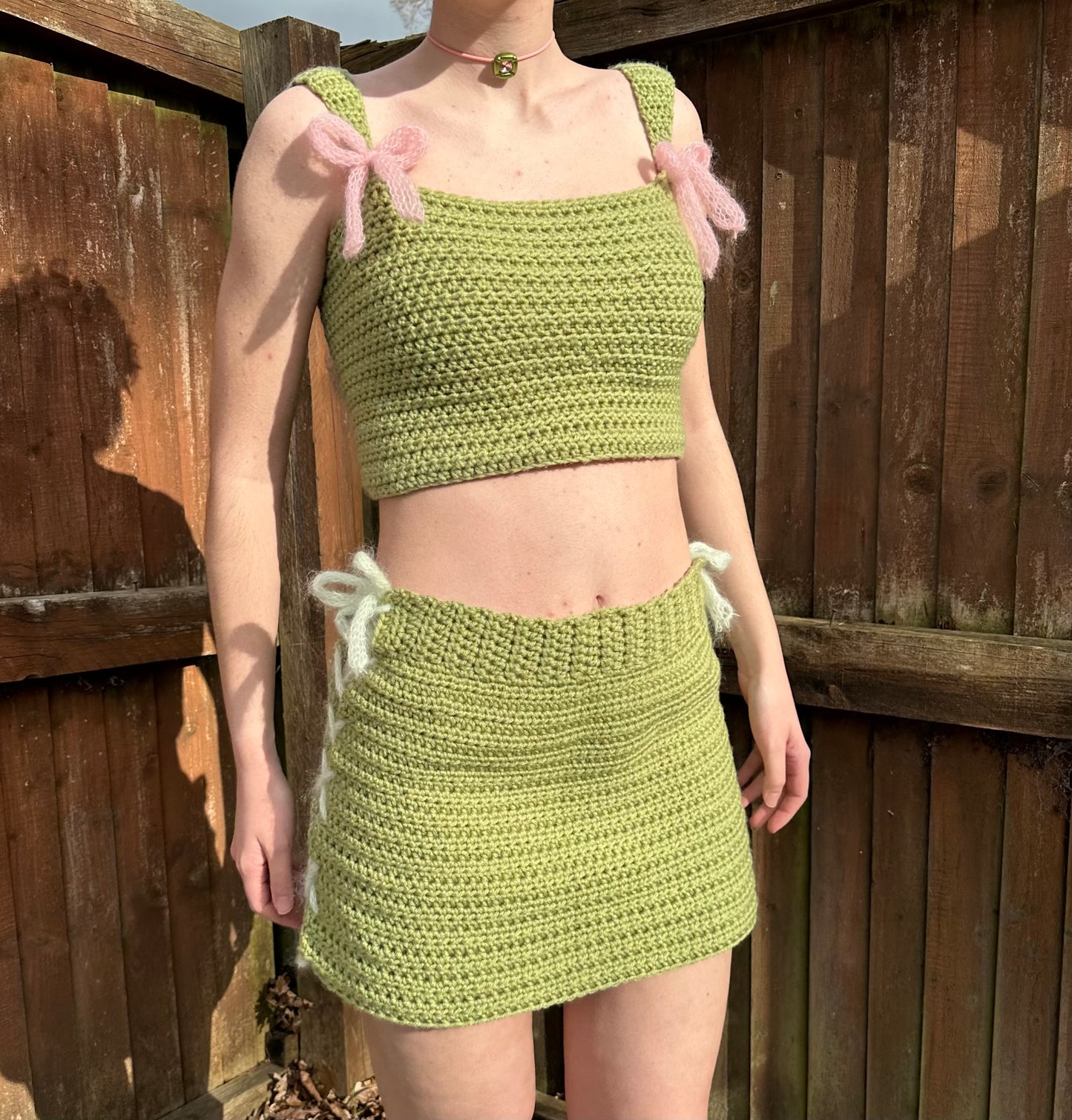 Handmade crochet coord with bow top and lace up skirt