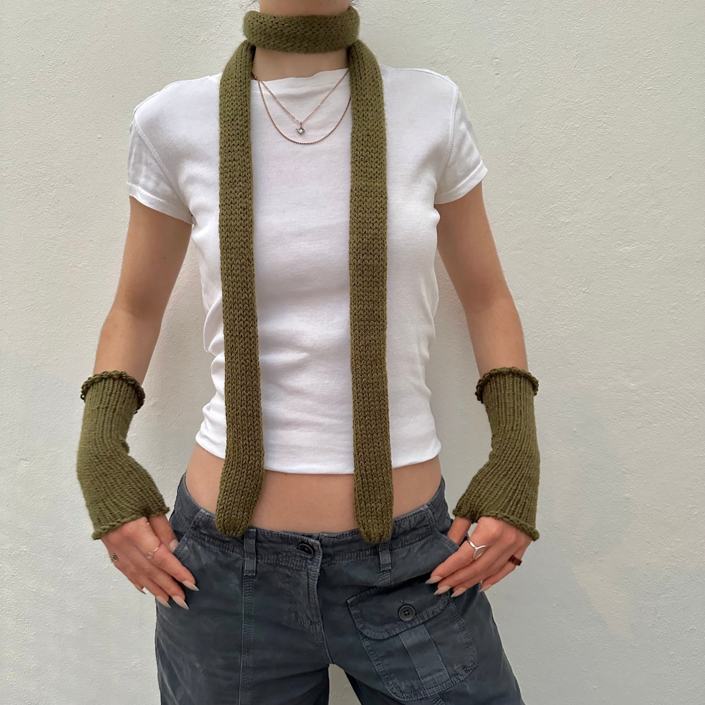 Handmade knitted skinny scarf in khaki green