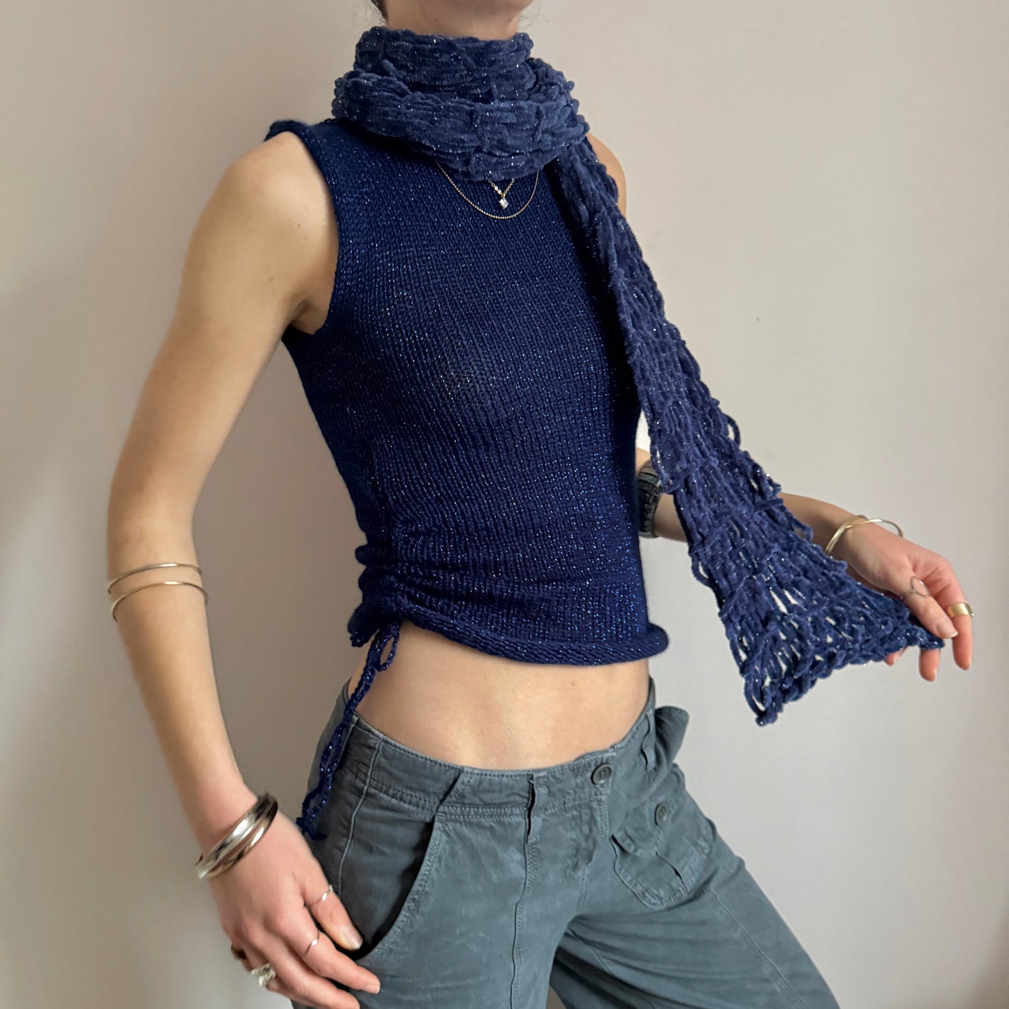 Handmade dark blue metallic ruched knitted vest