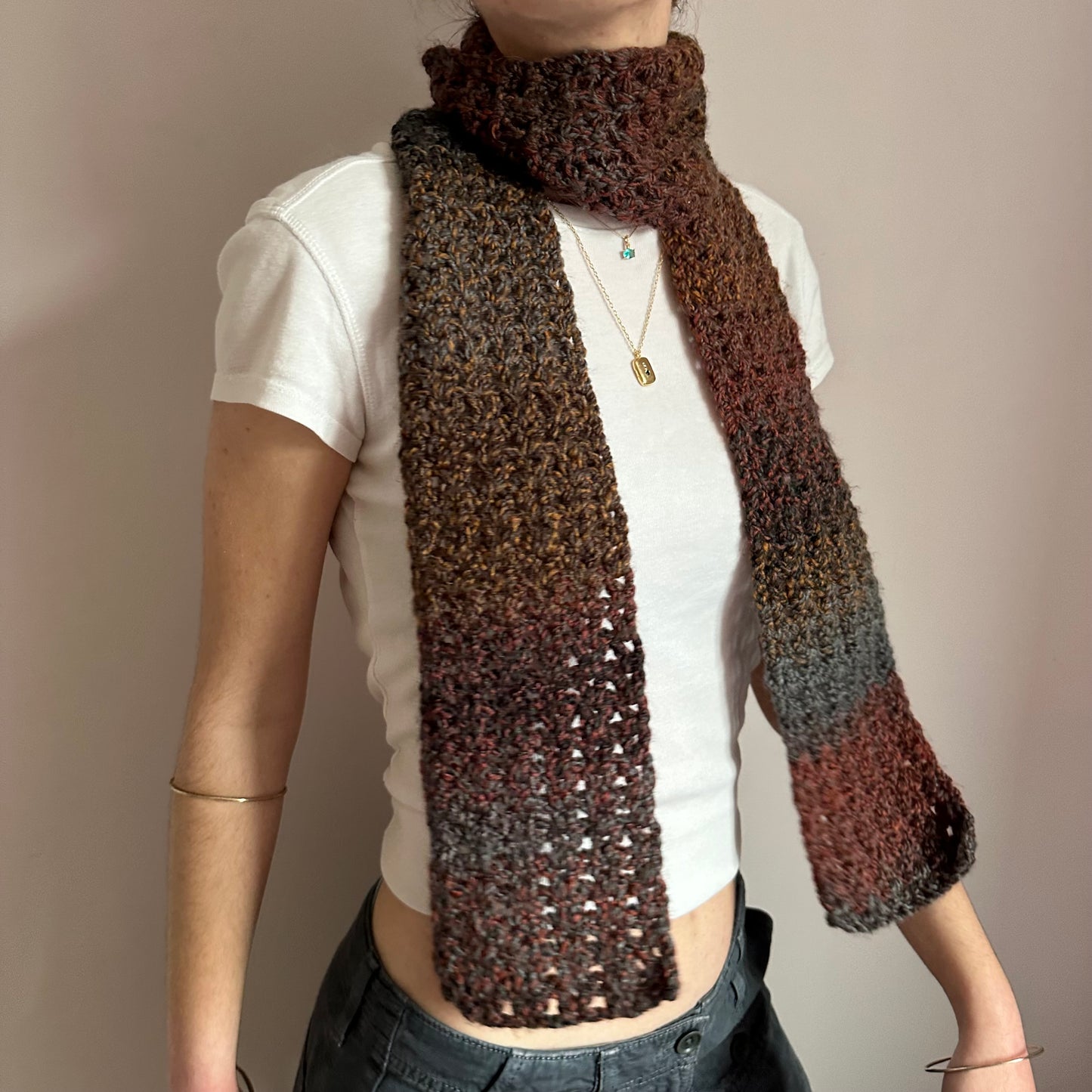 Handmade ombré brown, grey and orange crochet scarf