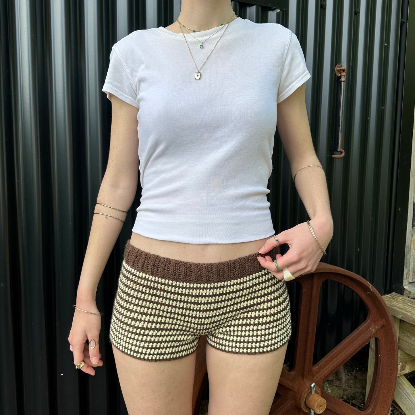 The Sienna Shorts - handmade brown and light yellow striped crochet shorts