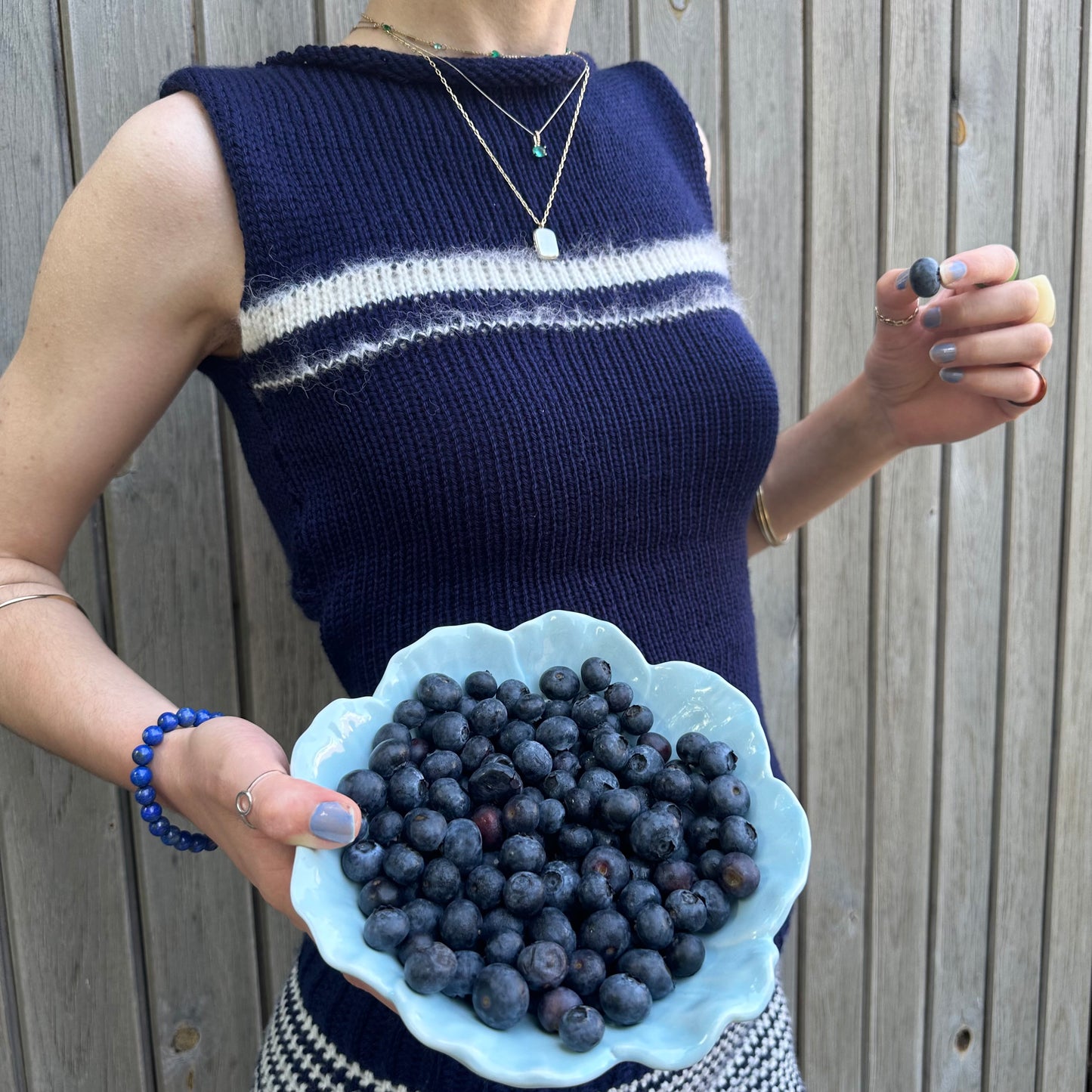 The Blueberry Set - matching striped crochet shorts and bow tie up knit vest top