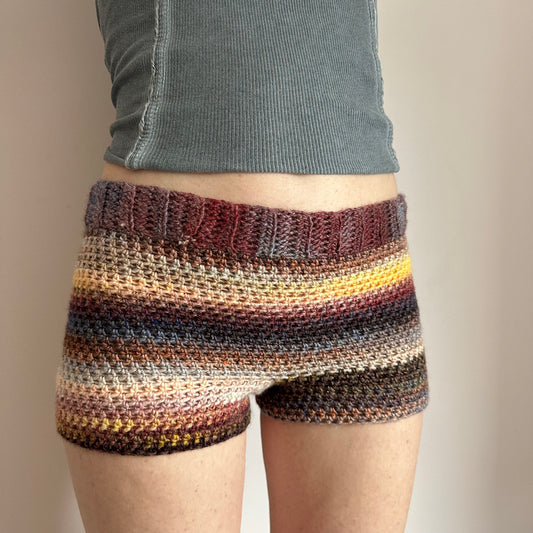 Handmade yellow, black, cream and burgundy ombré striped crochet shorts