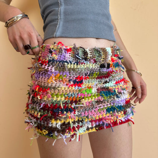 Handmade scrappy crochet mini skirt - 1 of 1, made of leftover yarn scraps