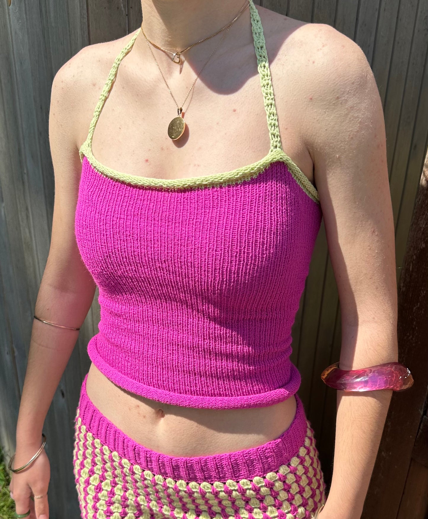 The Pink and Lime tank top - handmade knitted top