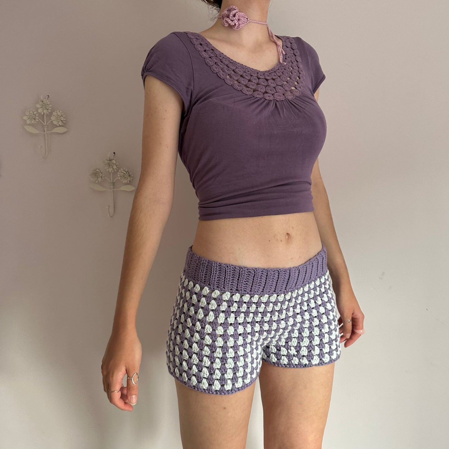 Handmade gingham crochet shorts in purple and duck egg blue