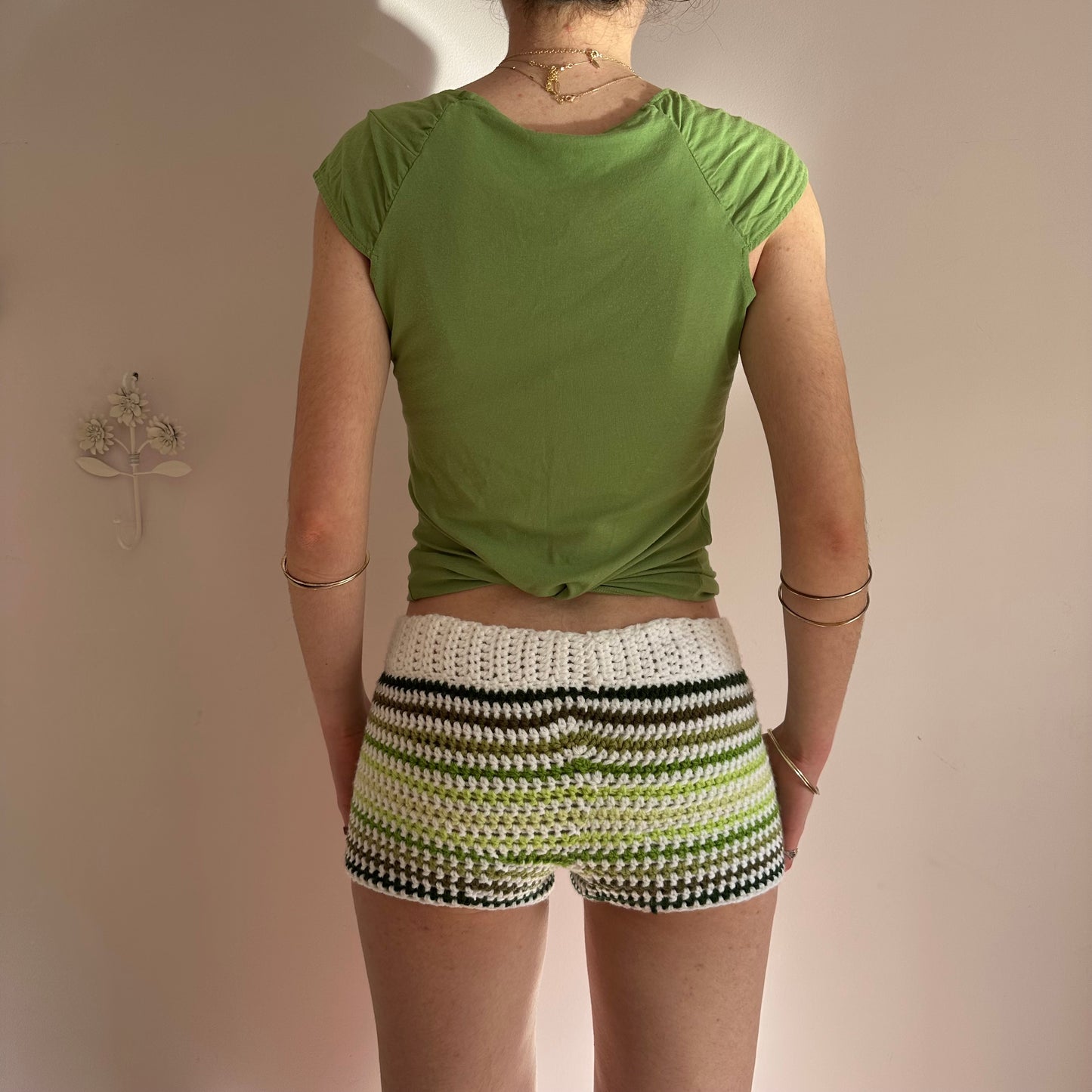 Handmade white and green ombré striped crochet shorts