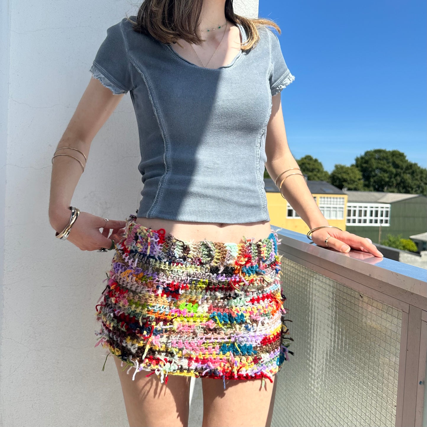 Handmade scrappy crochet mini skirt - 1 of 1, made of leftover yarn scraps