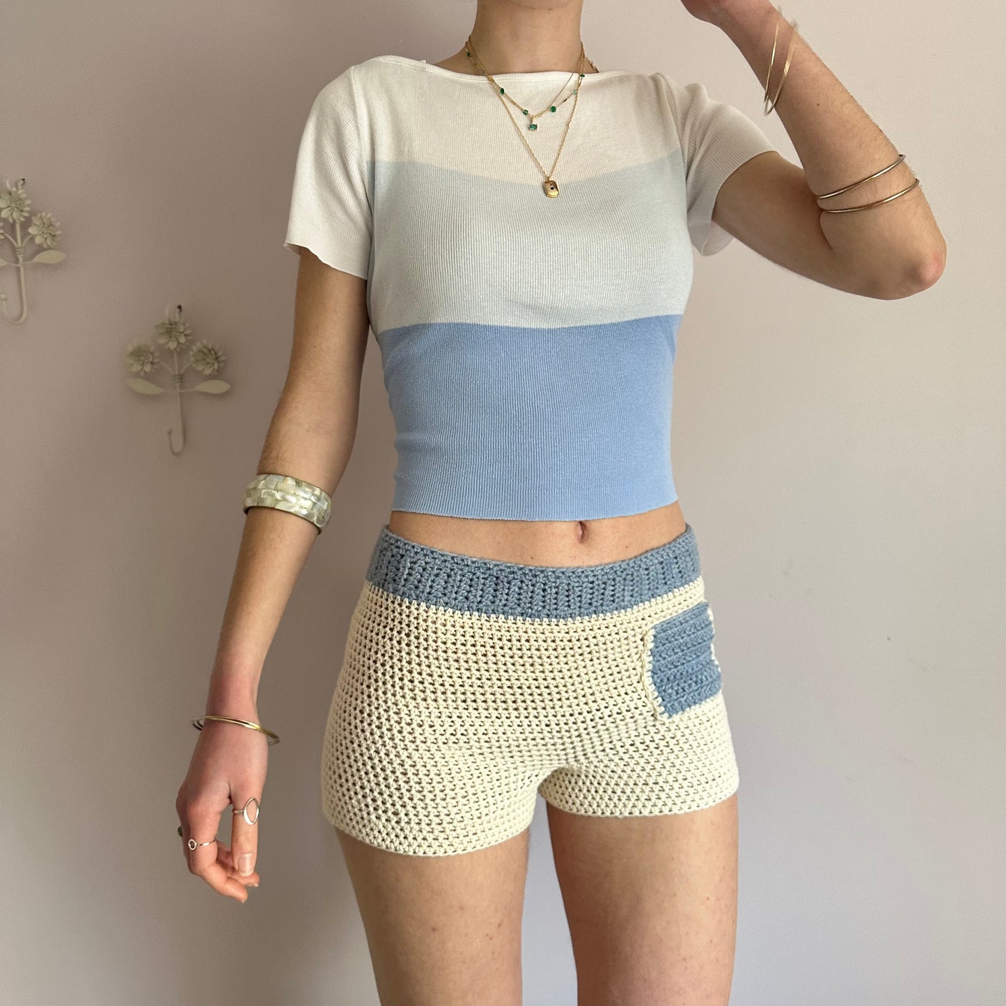 Handmade crochet shorts in cream and baby blue with pocket