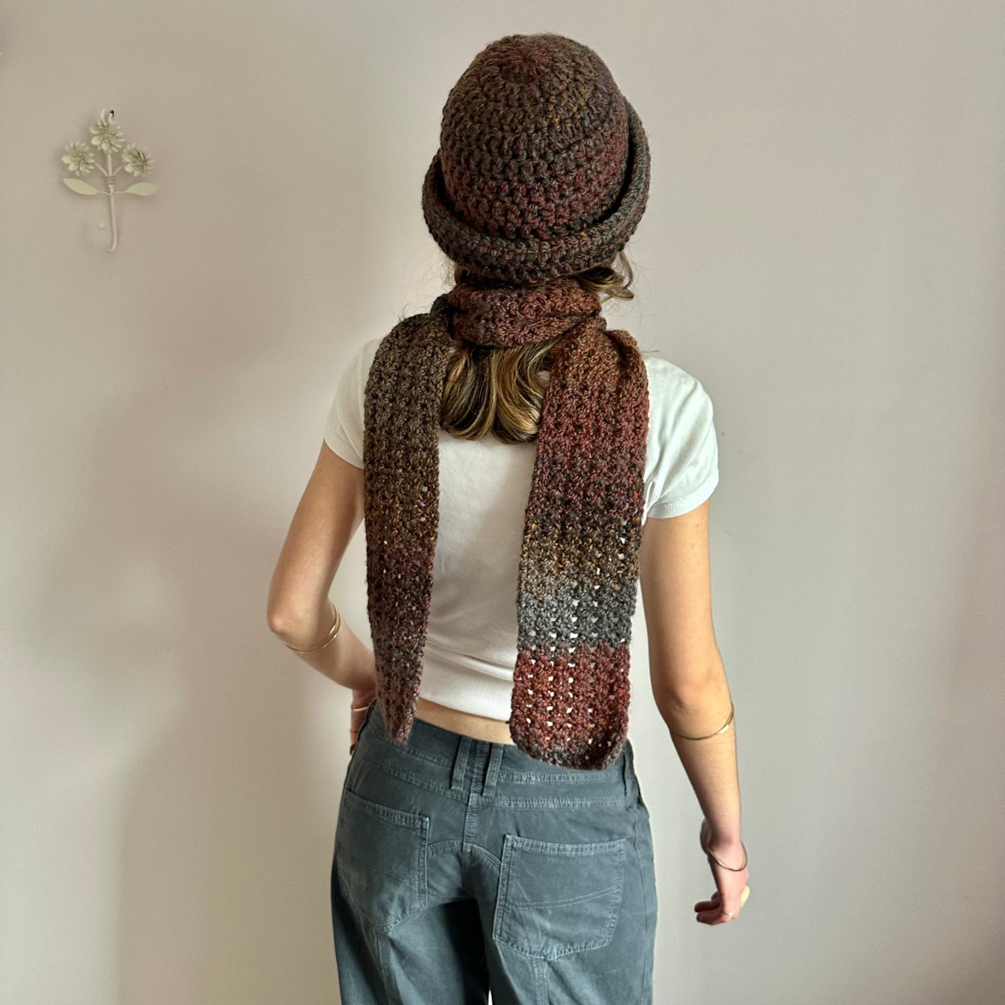 Handmade ombré brown, grey and orange crochet scarf