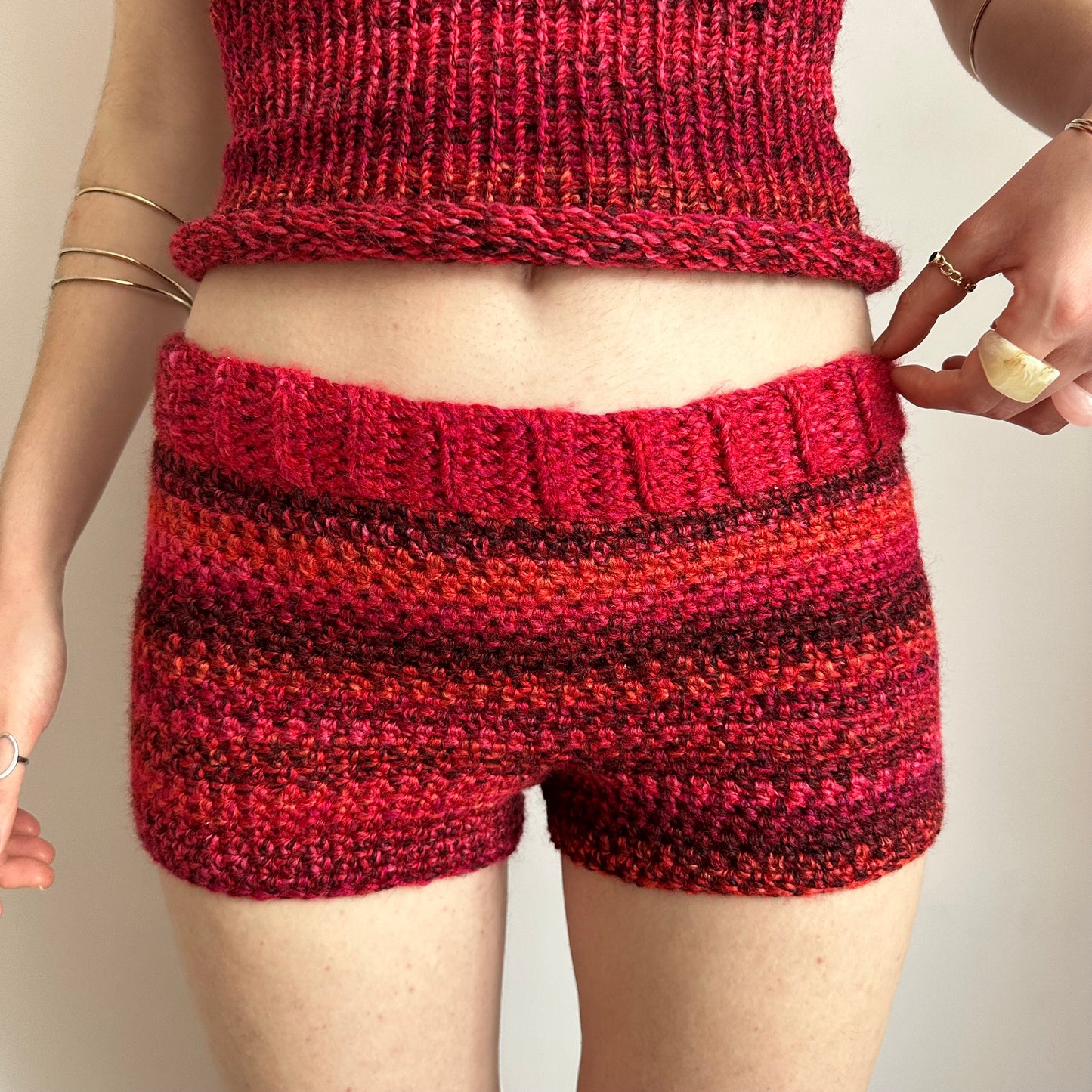 Handmade red ombré striped crochet shorts