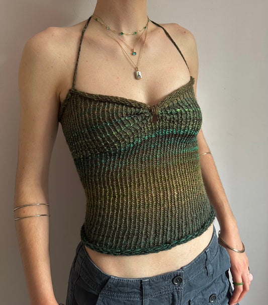 Handmade green and brown ruched bust ombré knitted halter top