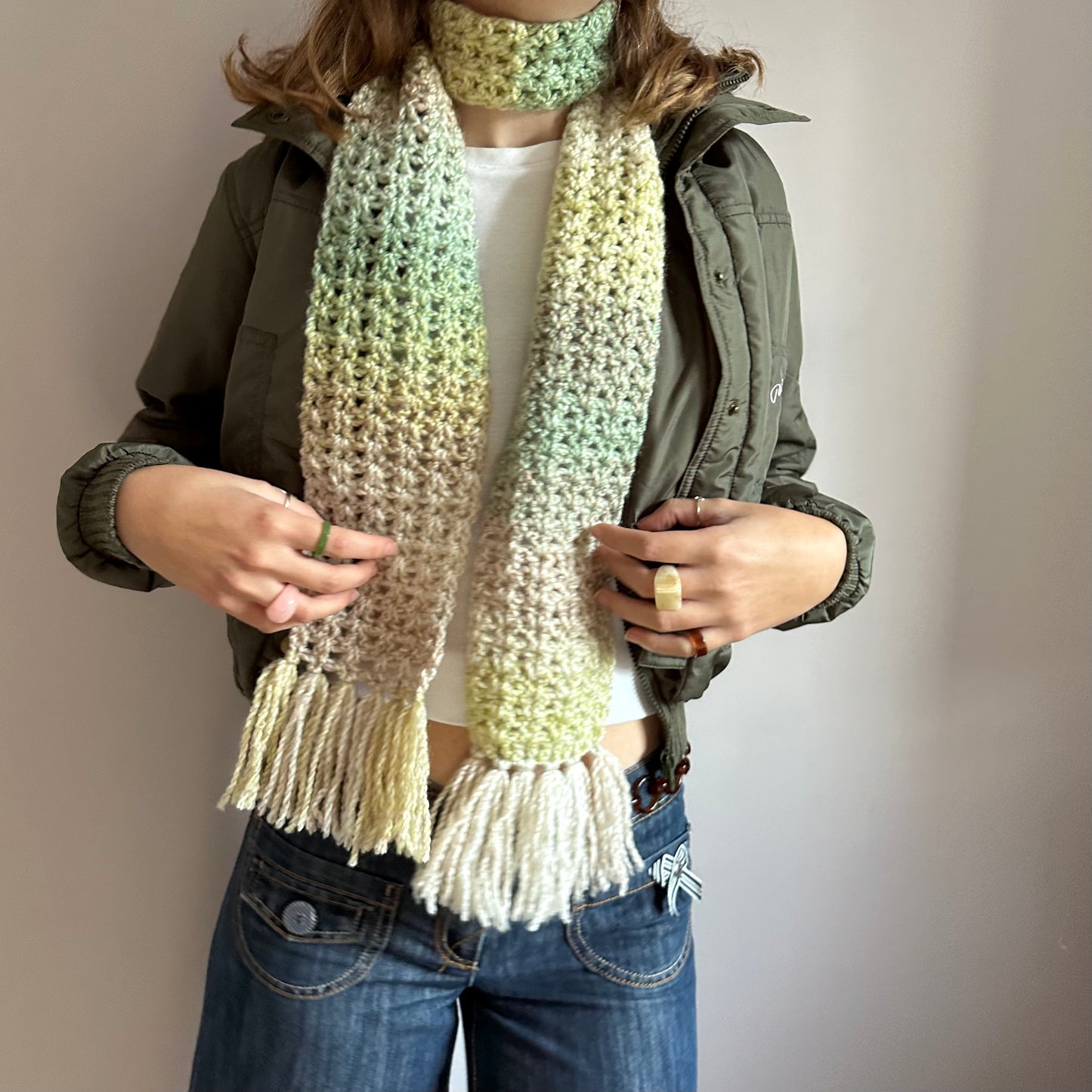 Handmade ombré green, beige and cream tassel crochet scarf