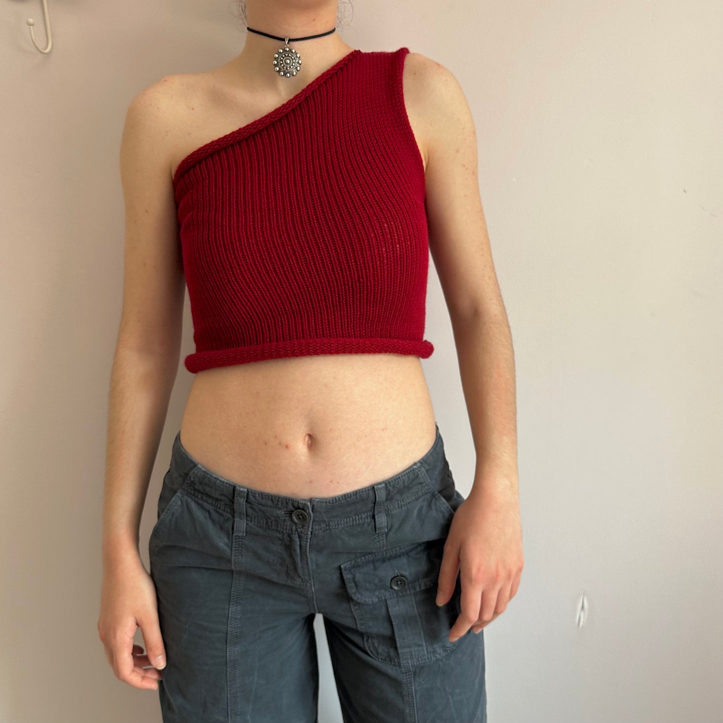 Handmade knitted dark red asymmetrical one shoulder top