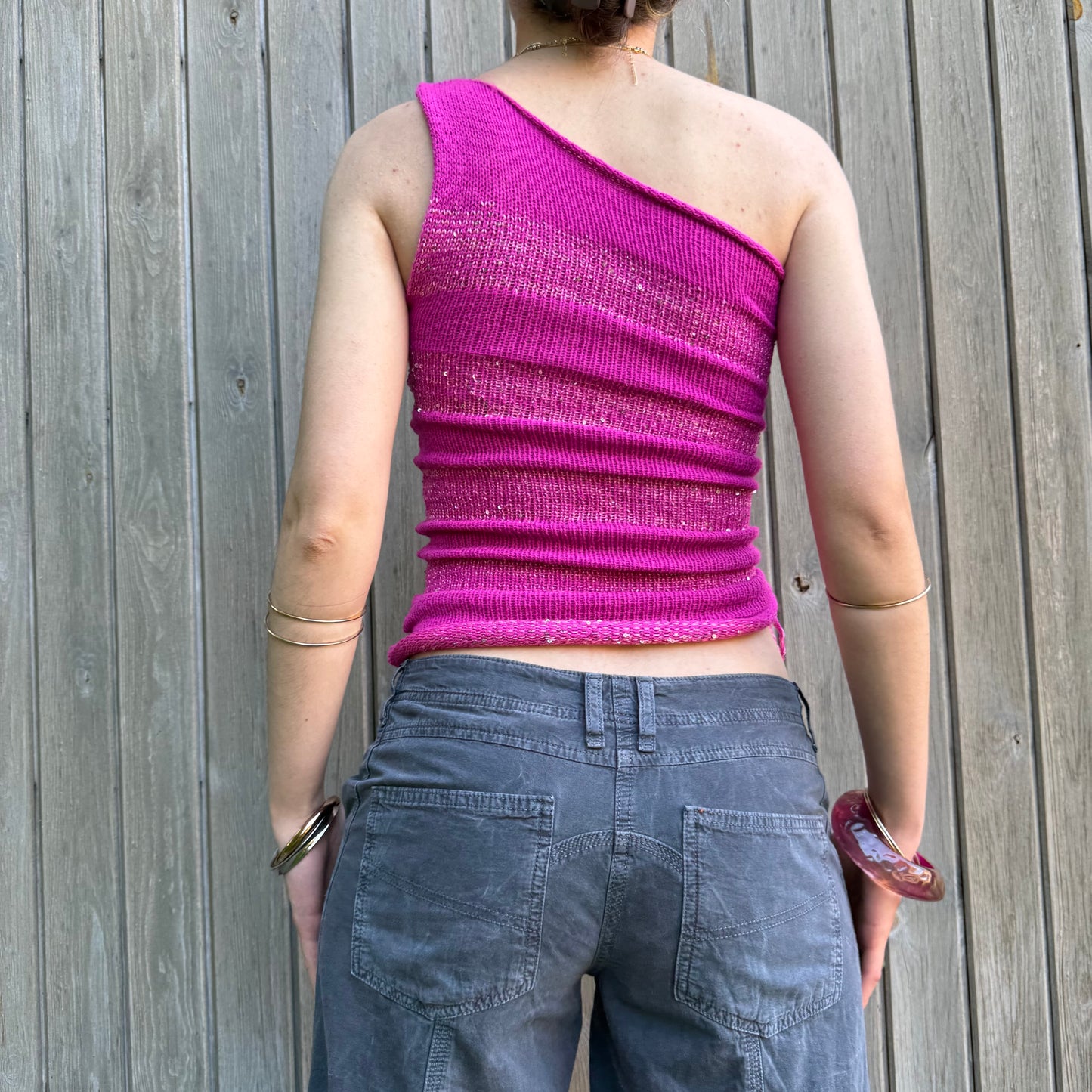 Handmade sparkly draped one shoulder knit top in hot pink