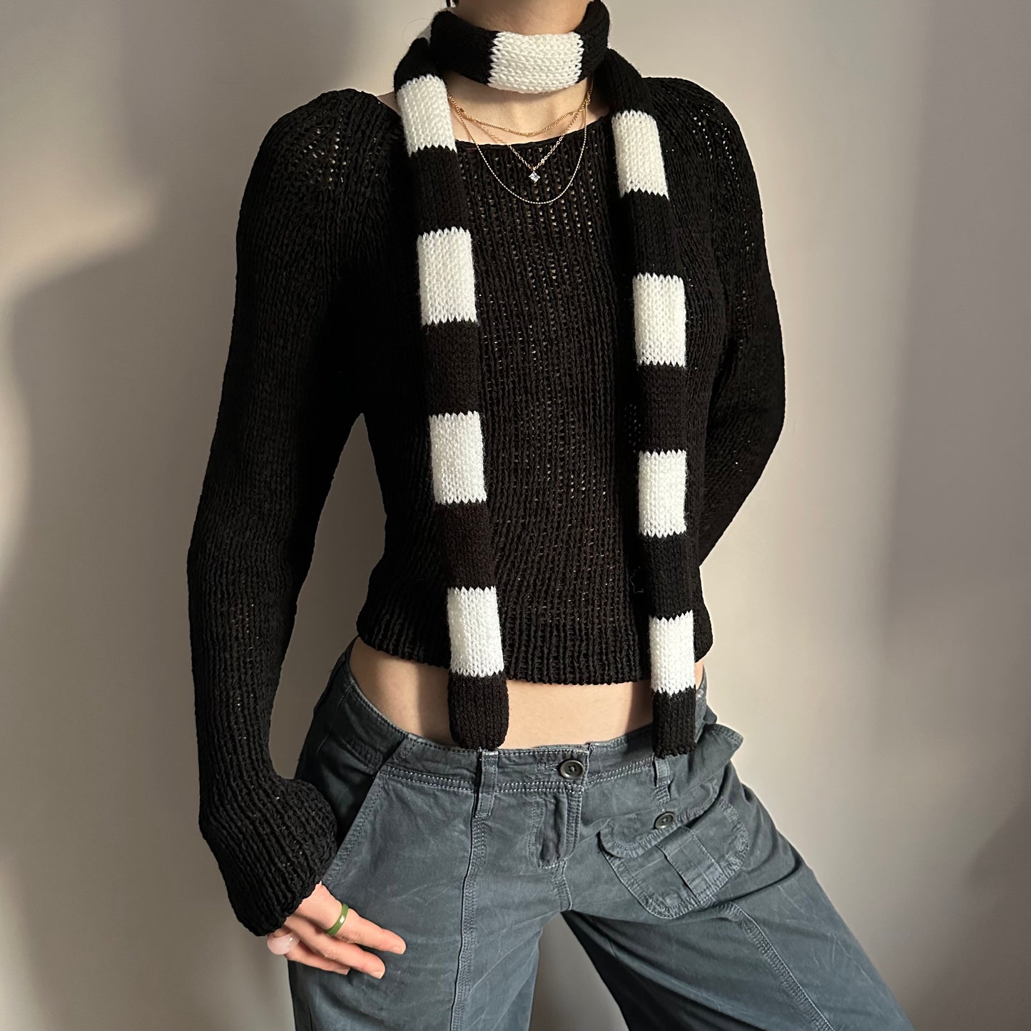 Handmade knitted striped skinny scarf in black and white