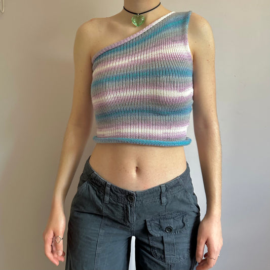 Handmade knitted one shoulder asymmetrical top in blue, lilac and white