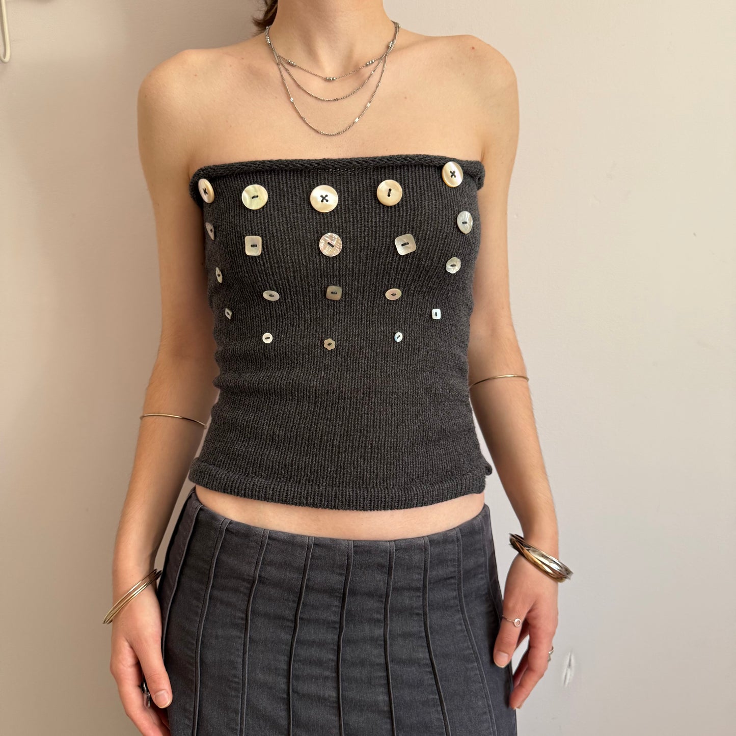The Random Button Tank Top - charcoal grey