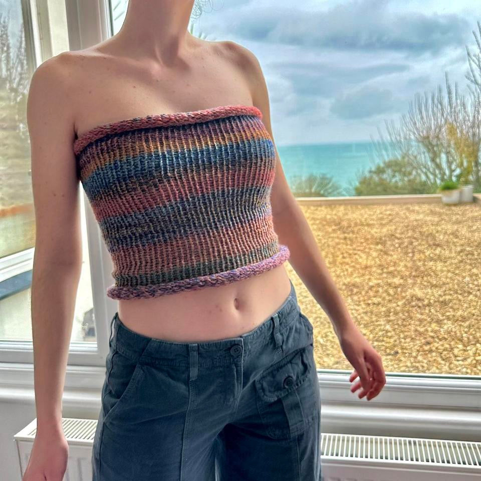 Handmade knitted halter top in orange, red, blue and purple