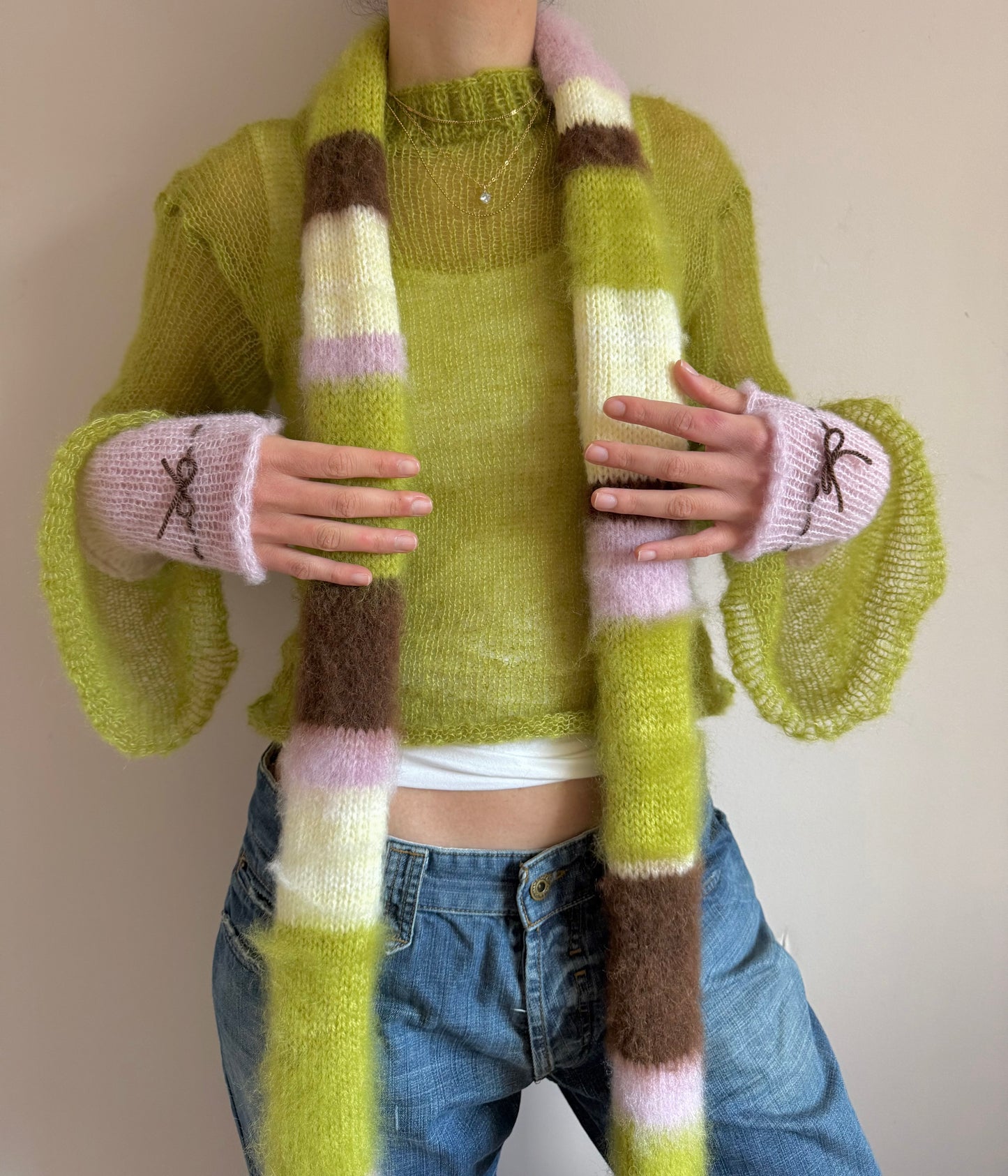 Handmade cream, olive green, brown and baby pink fluffy striped scarf - 1 off piece 🎀