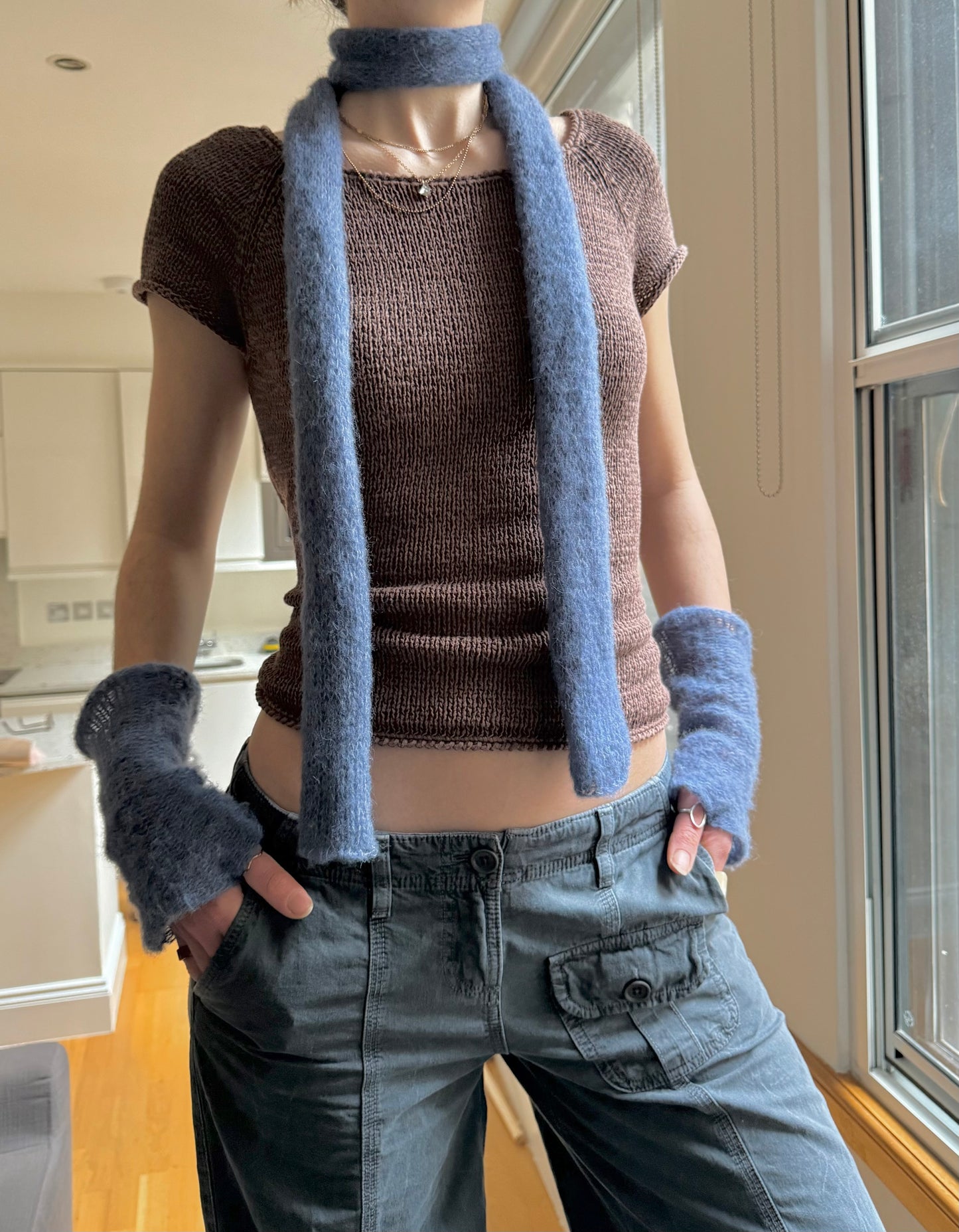 Handmade knitted mohair skinny scarf in denim blue