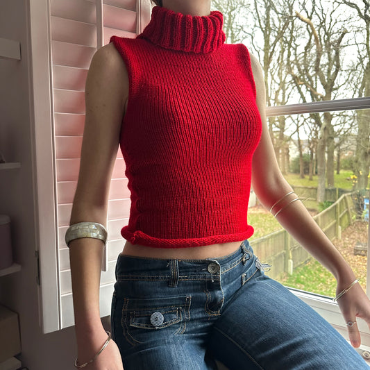 Handmade dark red turtleneck knit vest