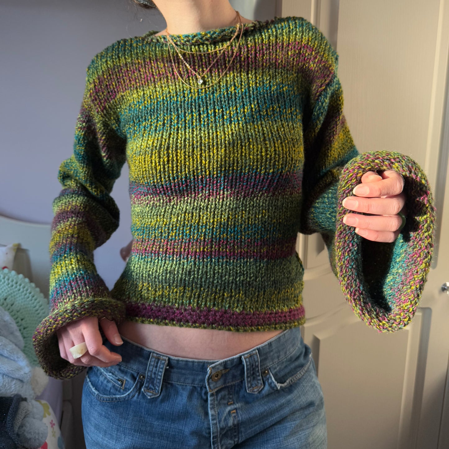 Handmade purple, green and teal ombré knitted jumper