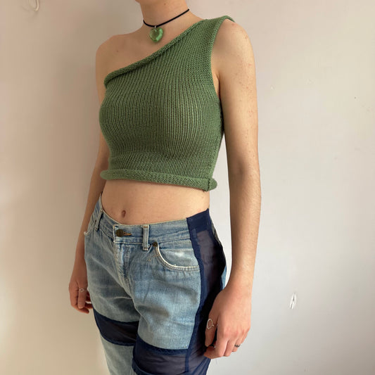 Handmade knitted sage green asymmetrical one shoulder top