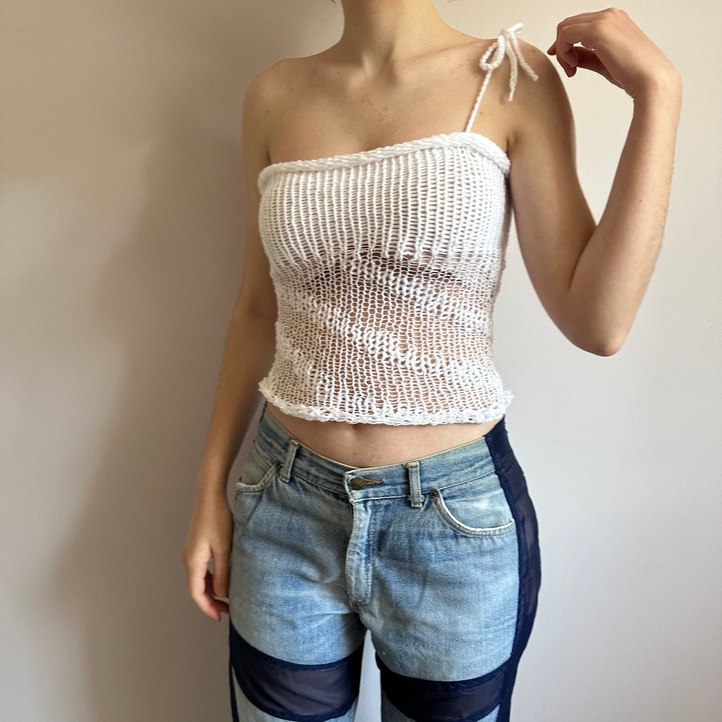 Handmade white lace knitted  asymmetrical top with bow strap