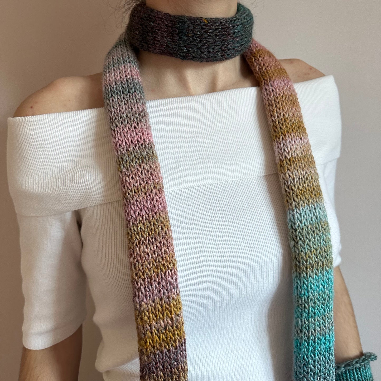 Handmade knitted ombré skinny scarf in Alba colourway