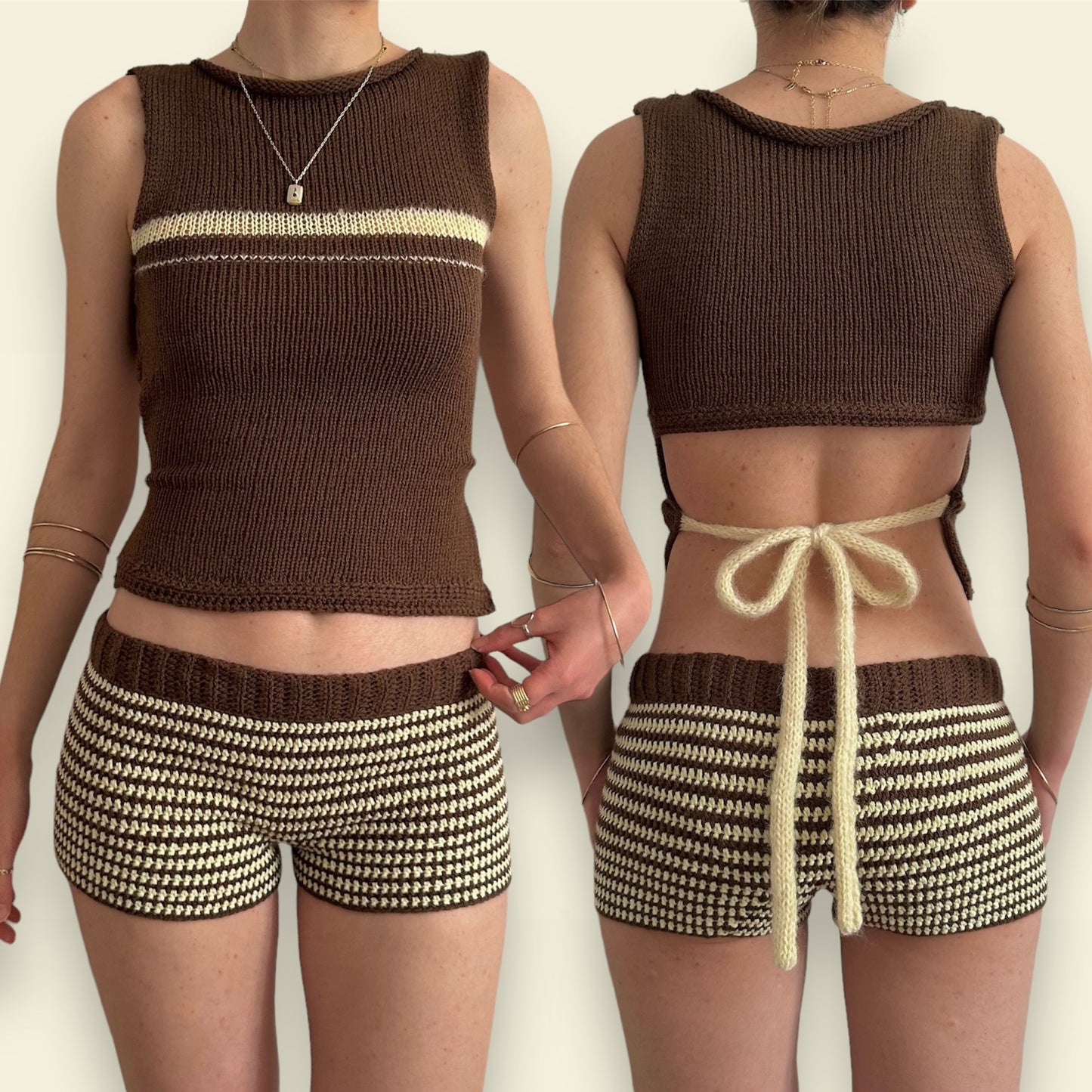 The Sienna Shorts - handmade brown and light yellow striped crochet shorts