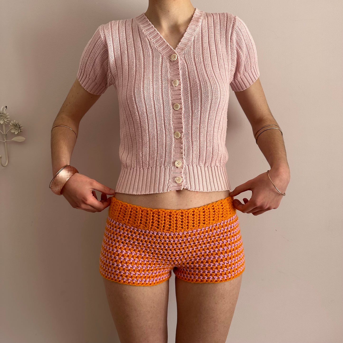 Handmade orange and pink striped crochet shorts