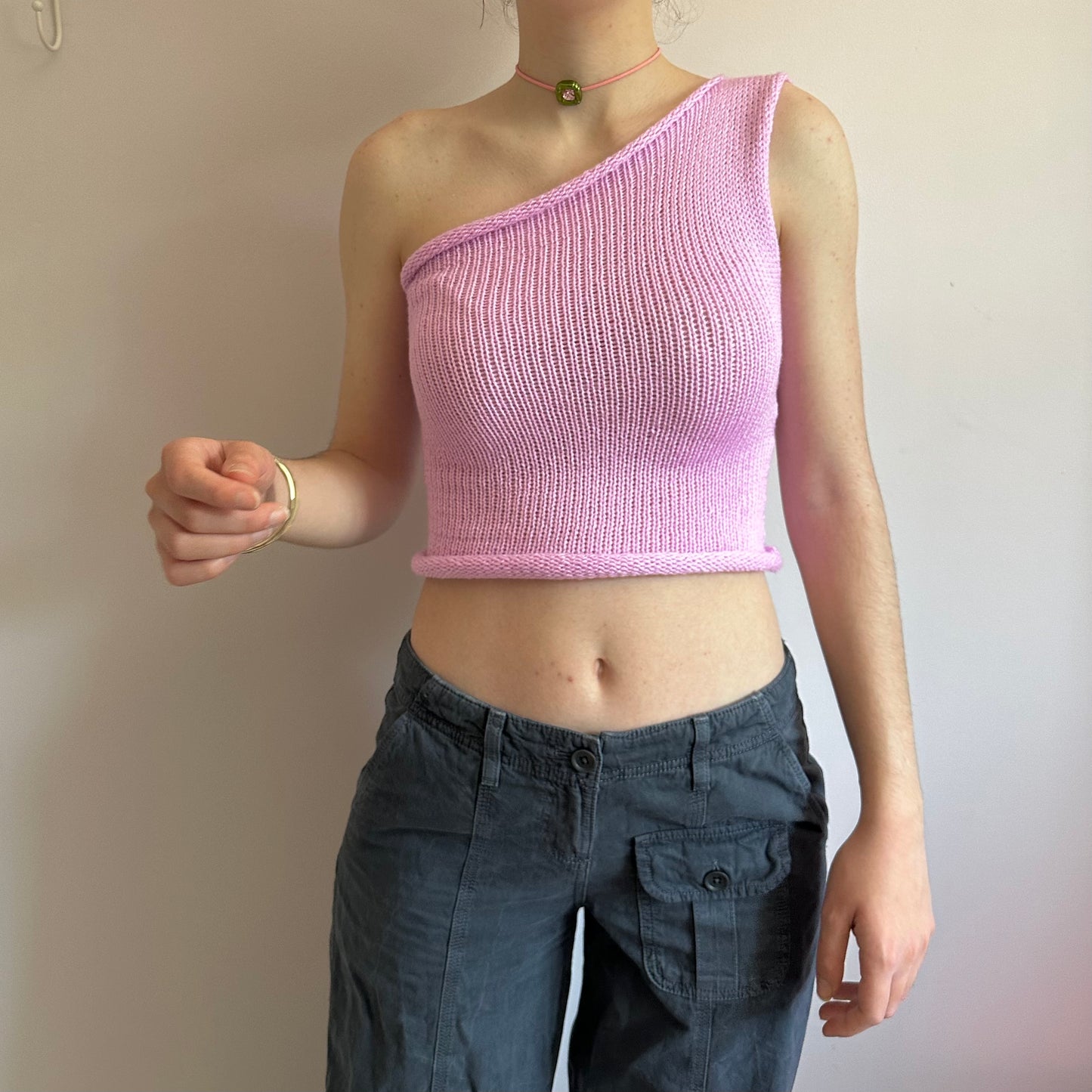 Handmade knitted baby pink asymmetrical one shoulder top