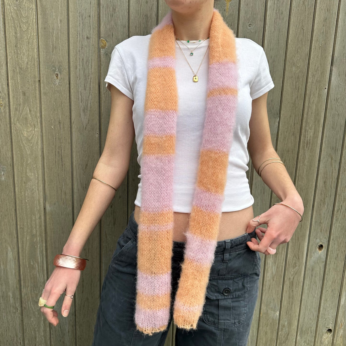 Handmade knitted baby pink and orange brushed mohair striped scarf