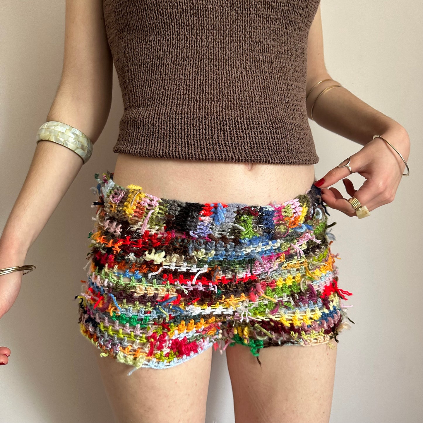 Handmade scrappy crochet shorts - 1 of 1, made of leftover yarn scraps