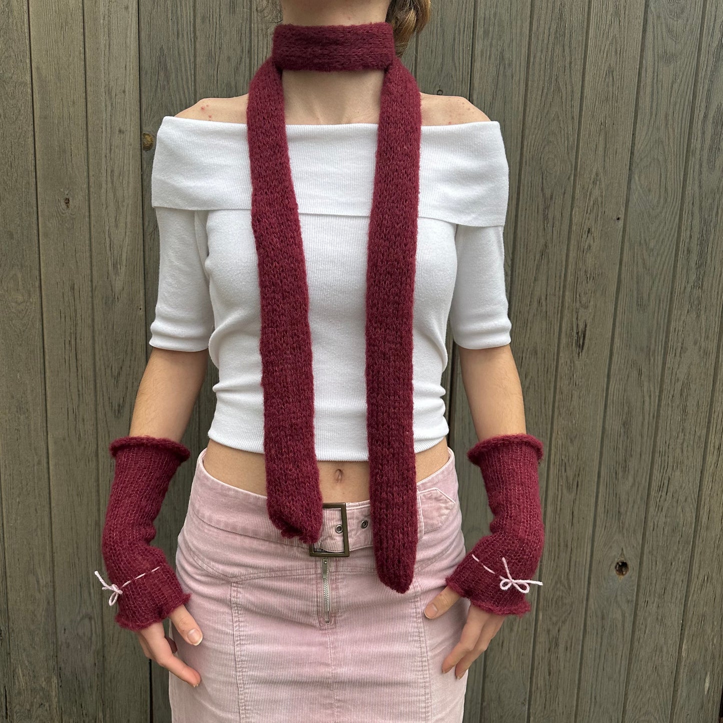 Handmade knitted mohair skinny scarf in burgundy