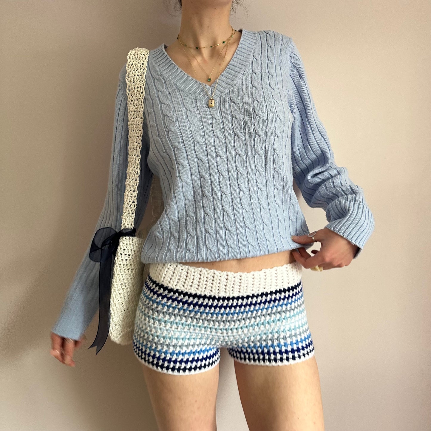 Handmade white and blue ombré striped crochet shorts