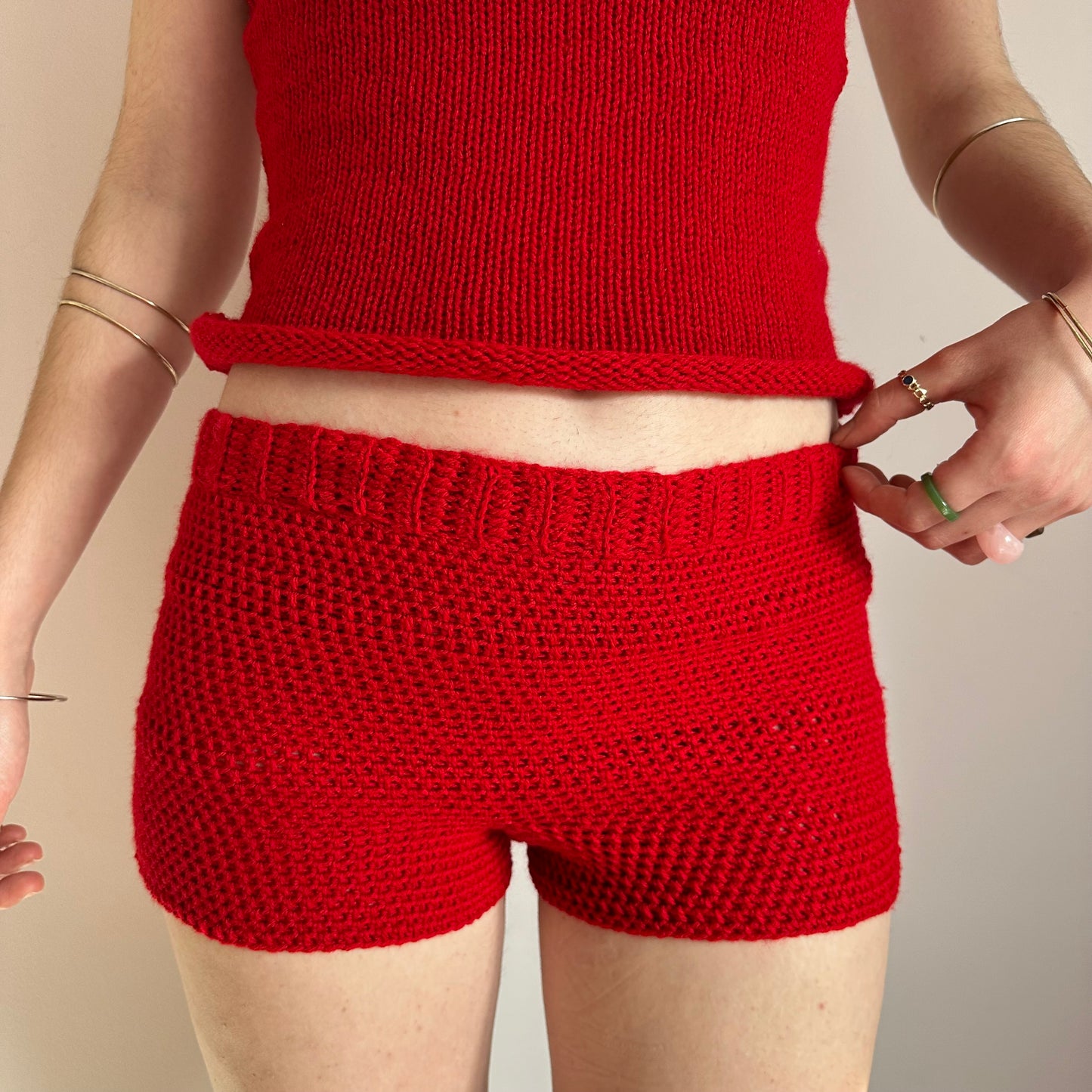 The Red Set - matching crochet shorts and asymmetrical knit vest