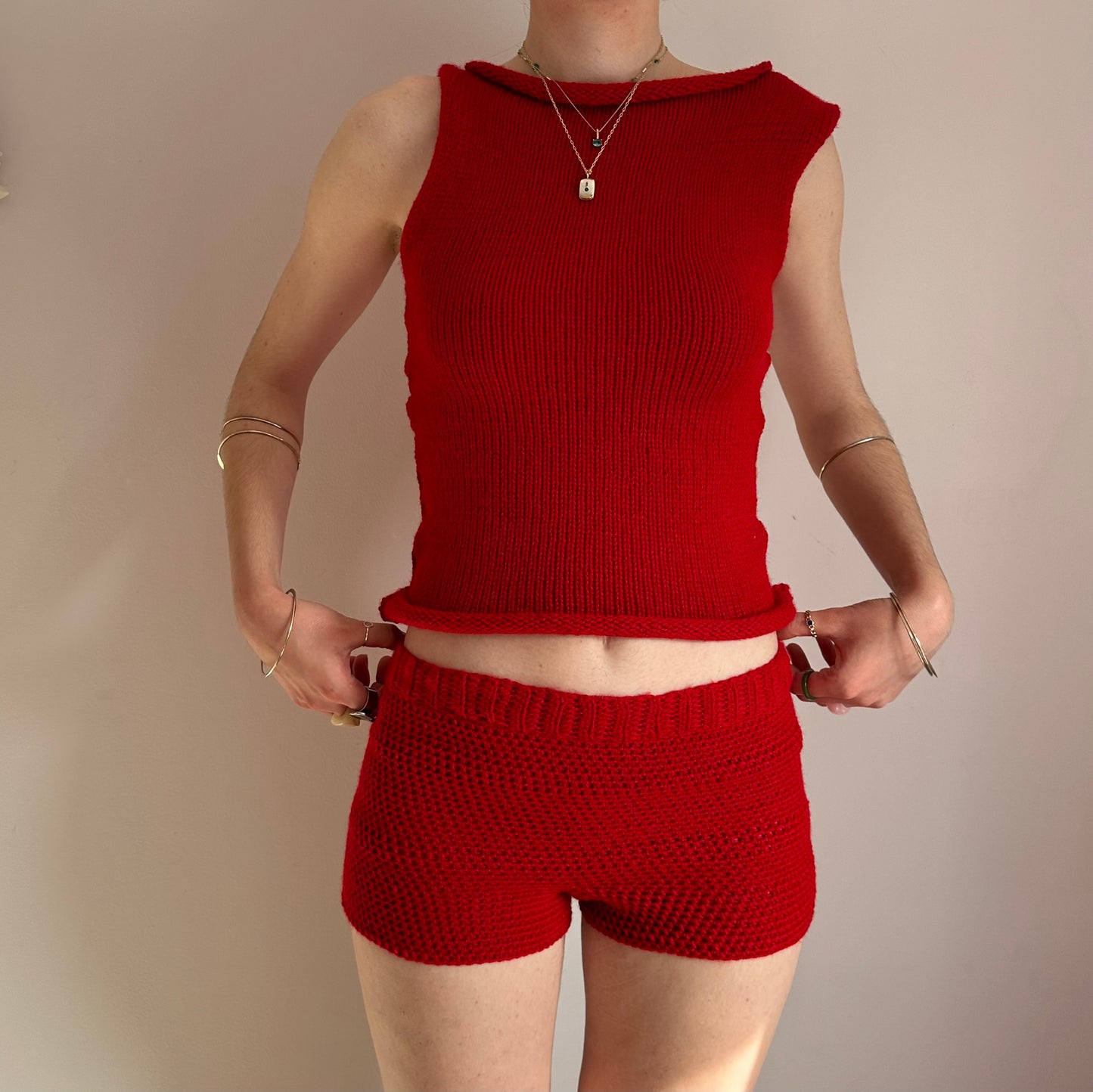 Handmade dark red crochet shorts