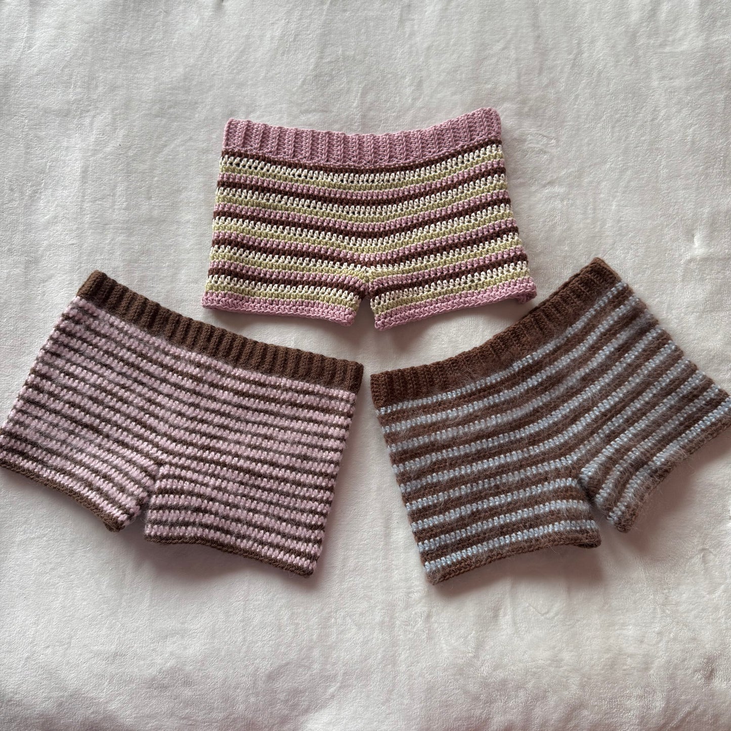 Handmade pink, brown, green and cream striped cotton crochet shorts - pre made