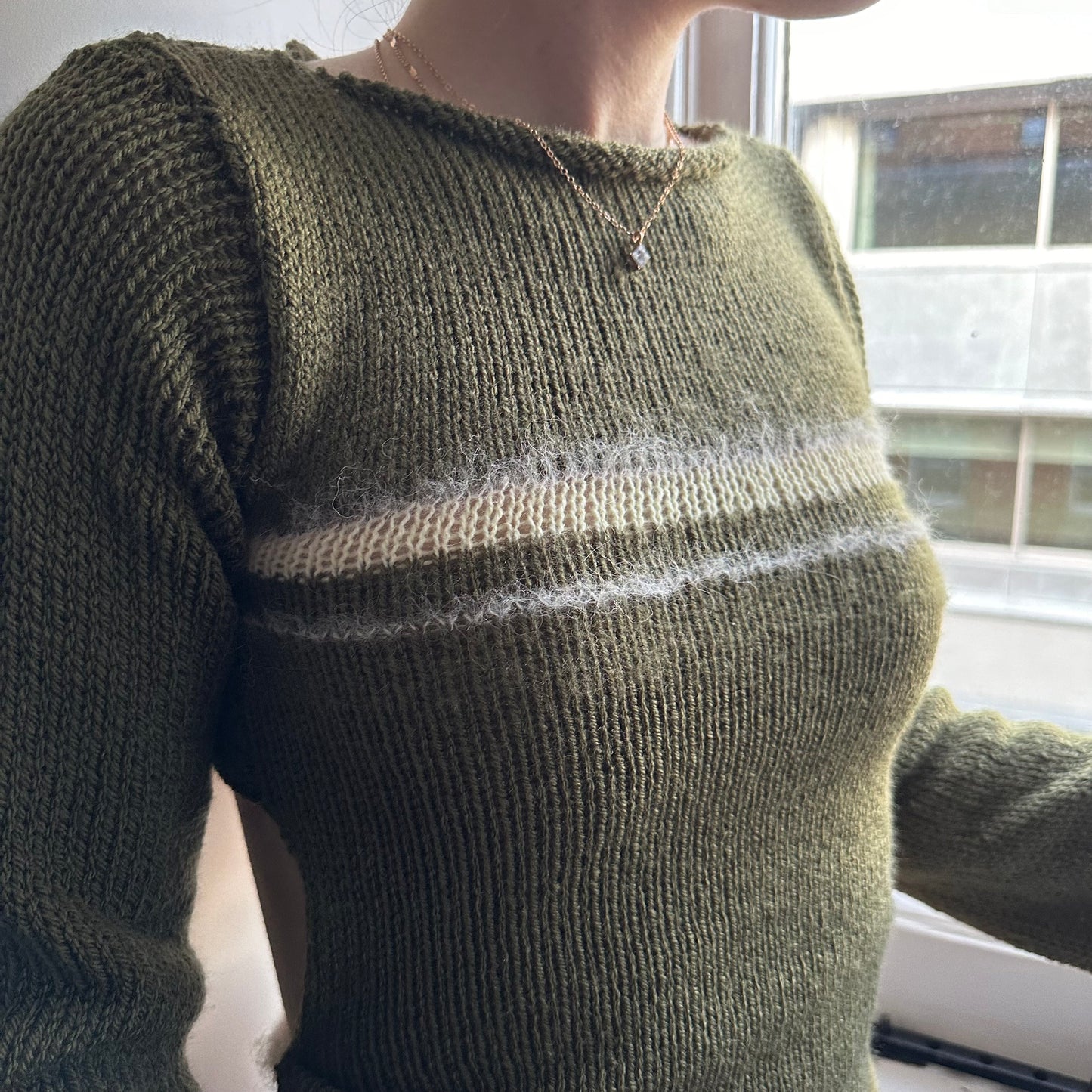 Handmade khaki green bow tie up knit jumper