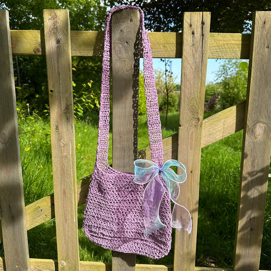 Handmade lilac crochet straw bag with bow - can also be worn crossbody